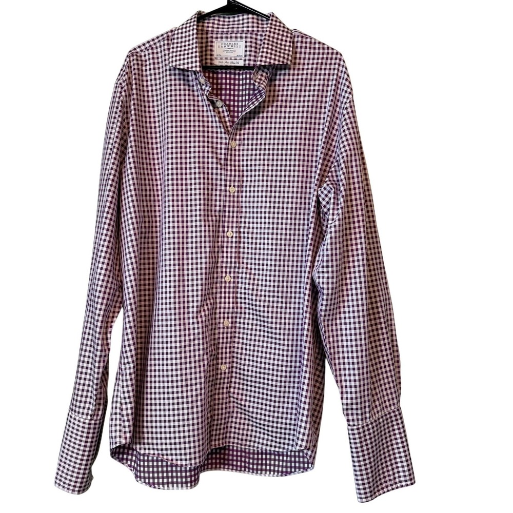 Charles Tyrwhitt Non Iron Slim Fit Men 18/37 Purple Gingham French Cuff Preppy